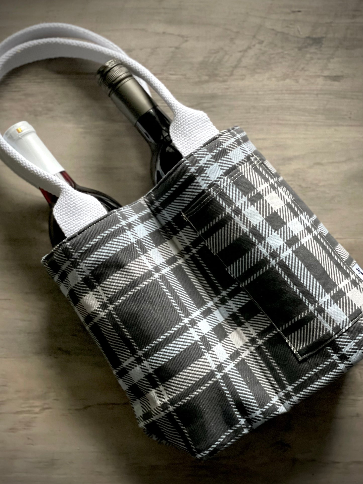 Double Wine Tote - Plaid Gray Sky