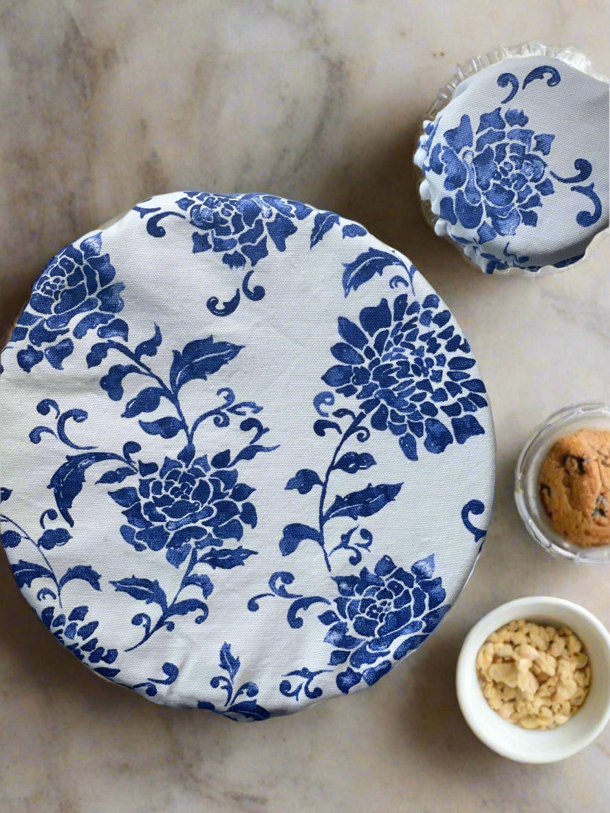 Matching Bowl and Jar Covers - Delft Blue Floral Vine