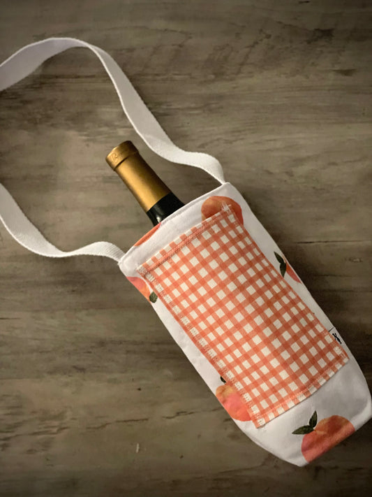 Single Wine Tote - Gingham on Peach
