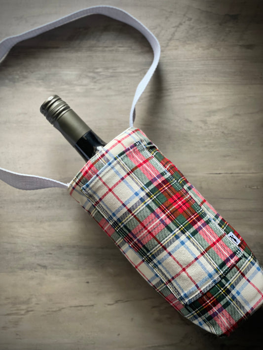 Single Wine Tote - Tartan Plaid White