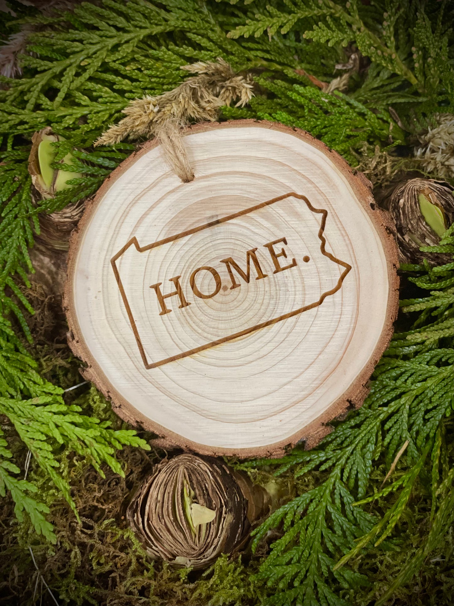 Rustic Wood Slice Ornament - "Going Home" Custom State Wood