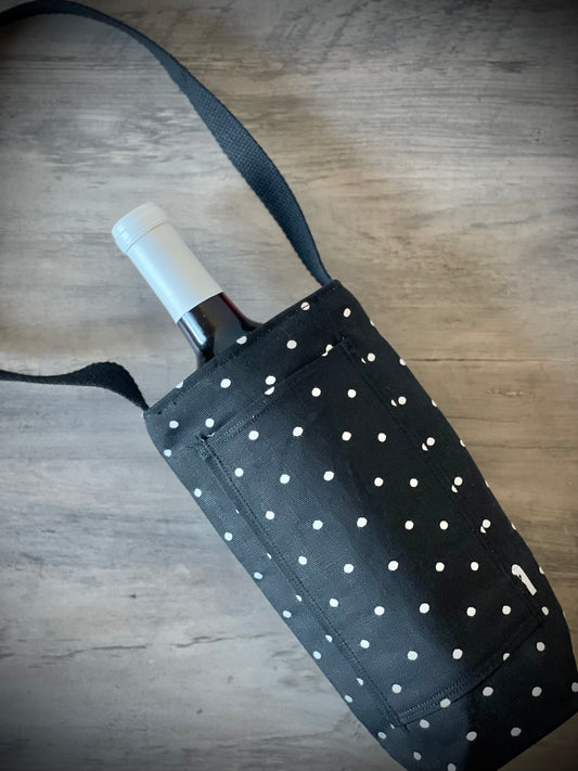 Single Wine Tote - Small Polka Dot Black White