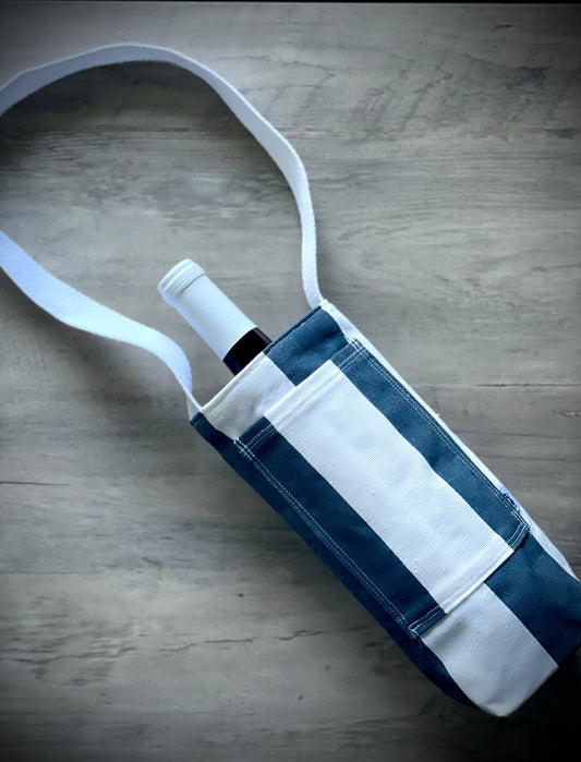 Single Wine Tote - Nautical Stripe Navy