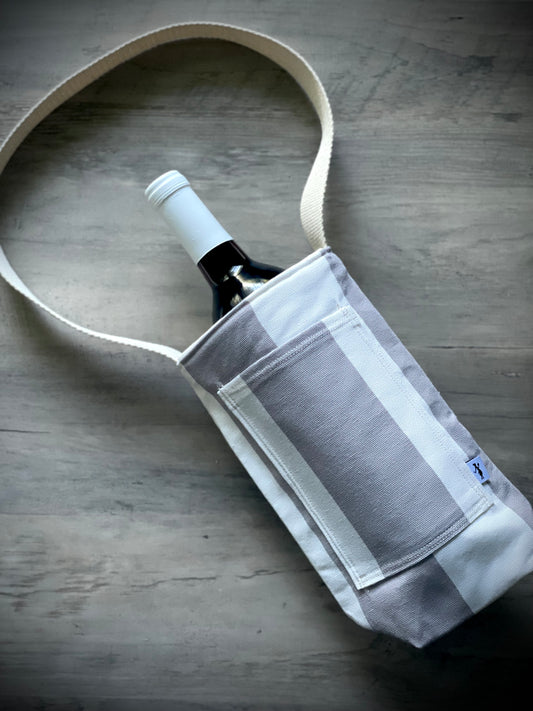 Single Wine Tote - Nautical Stripe Gray White